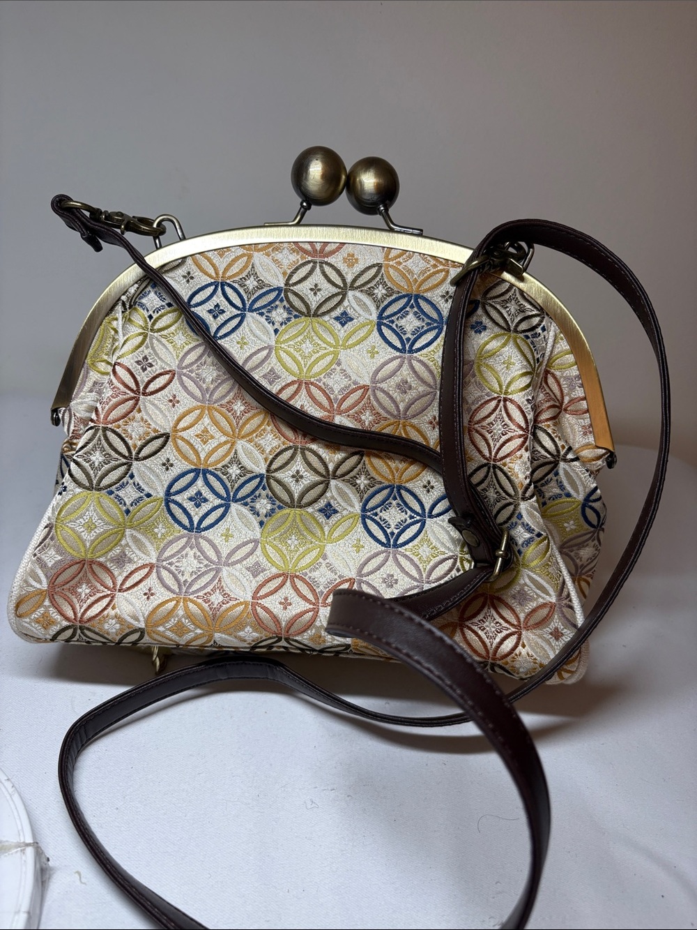 Ayanokoji Japan Fabric faux leather strap Kisslock Crossbody Shoulder Bag